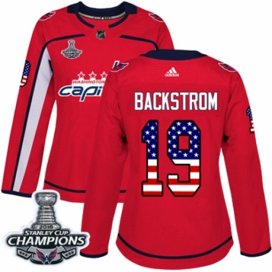 Women's Adidas Washington Capitals #19 Nicklas Backstrom Authentic Red USA Flag Fashion 2018 Stanley Cup Final Champions NHL Jersey - Ujersey
