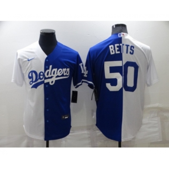 Men's Los Angeles Dodgers #50 Mookie Betts White Blue Split Cool Base Stitched Baseball Jersey - Ujersey