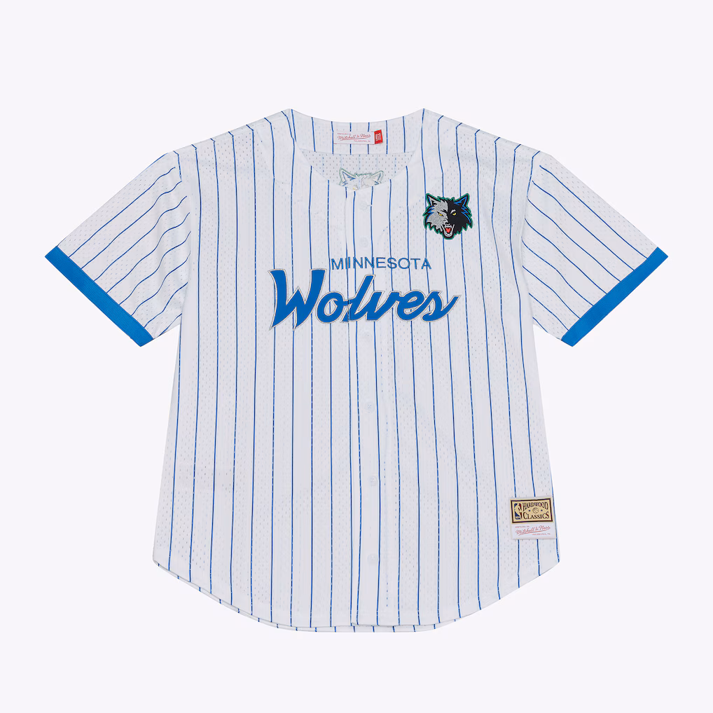 Men's Minnesota Timberwolves Mitchell & Ness White Head Coach Pinstripe Mesh Full-Button Baseball Jersey - Ujersey Shop