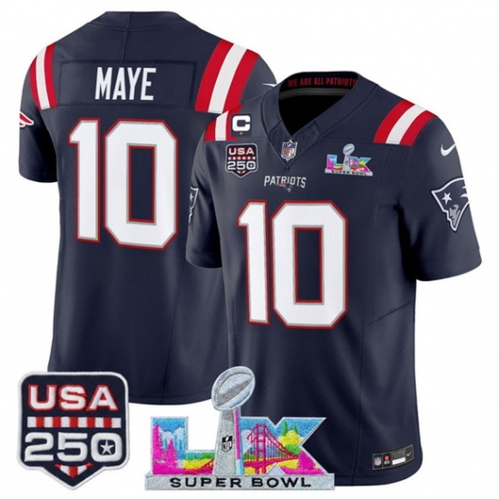 Men's New England Patriots #10 Drake Maye Navy 2025 F.U.S.E. 1-Star C And Super Bowl LX & USA 250 Vapor Limited Football Stitched Jersey - Ujersey
