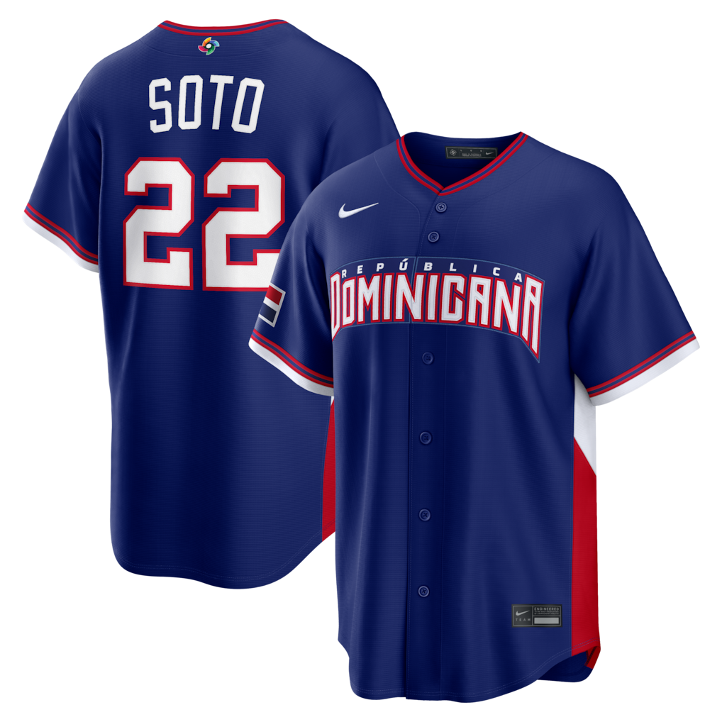 Men's Dominican Republic Baseball Juan Soto Nike Royal 2026 World Baseball Classic Road Stadium Jersey - SUjersey01
