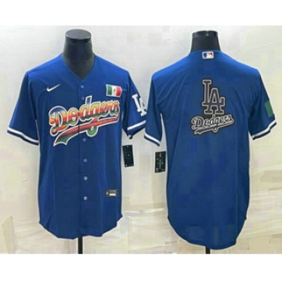 Men's Los Angeles Dodgers Big Logo Rainbow Blue Cool Base Nike Jersey1 - Ujersey