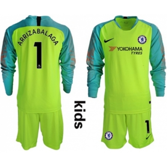 Chelsea #1 Arrizabalaga Shiny Green Goalkeeper Long Sleeves Kid Soccer Club Jersey