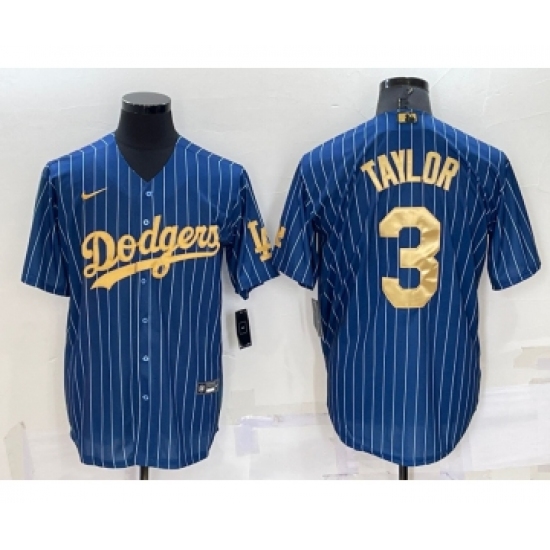 Men's Los Angeles Dodgers #3 Chris Taylor Navy Blue Gold Pinstripe Stitched MLB Cool Base Nike Jersey - Ujersey