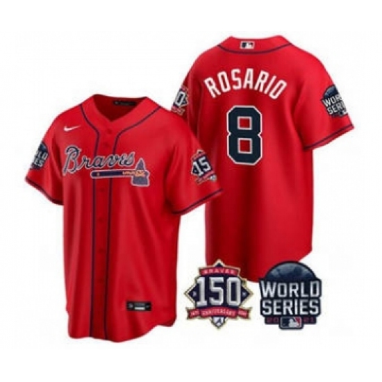 Men's Atlanta Braves #8 Eddie Rosario 2021 Red World Series With 150th Anniversary Patch Cool Base Stitched Jersey - Ujersey