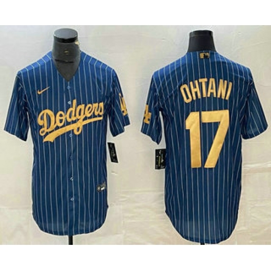 Men's Los Angeles Dodgers #17 Shohei Ohtani Blue Gold Pinstripe Cool Base Stitched Baseball Jersey - Ujersey
