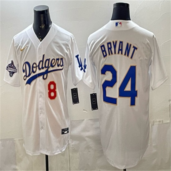 Men's Los Angeles Dodgers Front #8 Back #24 Kobe Bryant White Gold With 2025 World Series Champions Stitched Baseball Jersey - Ujersey