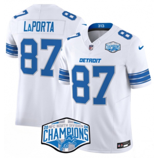 Men's Detroit Lions #87 Sam LaPorta White 2024 NFC North Champions F.U.S.E. Vapor Limited Stitched Jersey