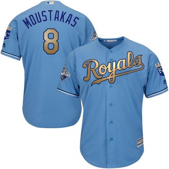 Youth Majestic Kansas City Royals #8 Mike Moustakas Authentic Light Blue 2015 World Series Champions Gold Program Cool Base MLB Jersey - Ujersey