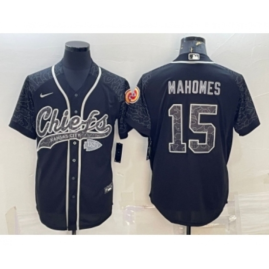 Men's Kansas City Chiefs #15 Patrick Mahomes Black Reflective With Patch Cool Base Stitched Baseball Jersey - Ujersey