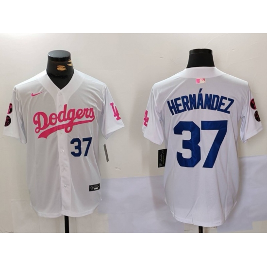 Men's Los Angeles Dodgers #37 Teoscar Hernández White Pink Vin & Kobe Stitched Baseball Jerseys - Ujersey