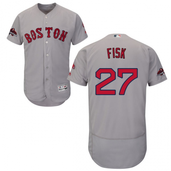 Men's Majestic Boston Red Sox #27 Carlton Fisk Grey Road Flex Base Authentic Collection 2018 World Series Champions MLB Jersey - Ujersey