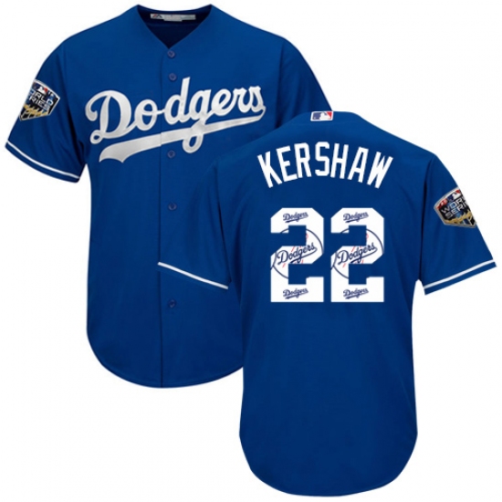 Men's Majestic Los Angeles Dodgers #22 Clayton Kershaw Authentic Royal Blue Team Logo Fashion Cool Base 2018 World Series MLB Jersey - Ujersey