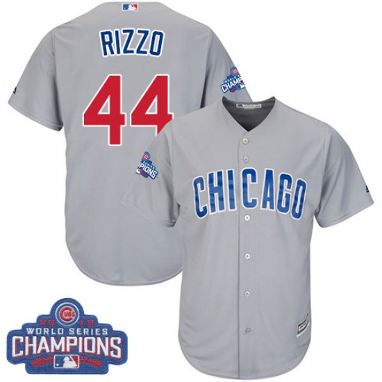 Youth Majestic Chicago Cubs #44 Anthony Rizzo Authentic Grey Road 2016 World Series Champions Cool Base MLB Jersey - Ujersey