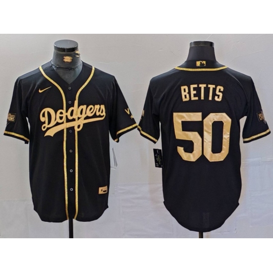 Men's Los Angeles Dodgers #50 Mookie Betts Black Gold World Series Champions Cool Base Stitched Jersey - Ujersey