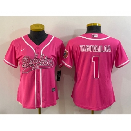Women's Miami Dolphins #1 Tua Tagovailoa Pink With Patch Cool Base Stitched Baseball Jersey