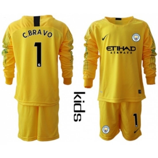 Manchester City #1 C.Bravo Yellow Goalkeeper Long Sleeves Kid Soccer Club Jersey
