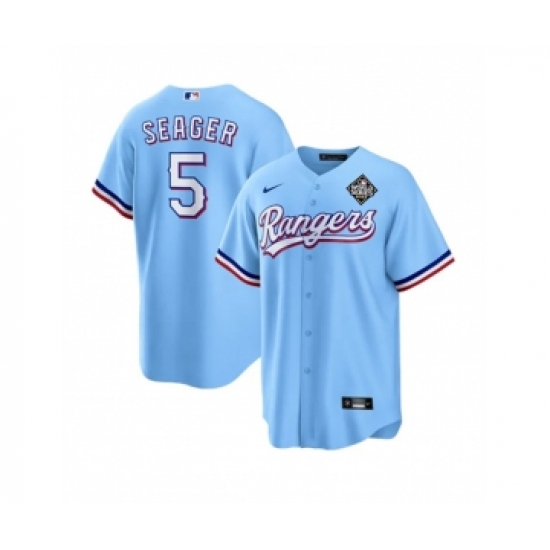 Men's Texas Rangers #5 Corey Seager Blue 2023 World Series Stitched Baseball Jersey - Ujersey