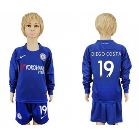 Chelsea #19 Diego Costa Home Long Sleeves Kid Soccer Club Jersey