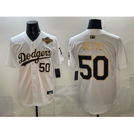 Men's Los Angeles Dodgers #50 Mookie Betts White Gold 2025 World Series Limited Stitched Baseball Jersey - Ujersey