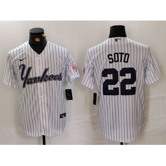 Men's New York Yankees #22 Juan Soto White Pinstripe Fashion Cool Base Jersey
