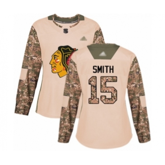Women's Chicago Blackhawks #15 Zack Smith Authentic Camo Veterans Day Practice Hockey Jersey - Ujersey