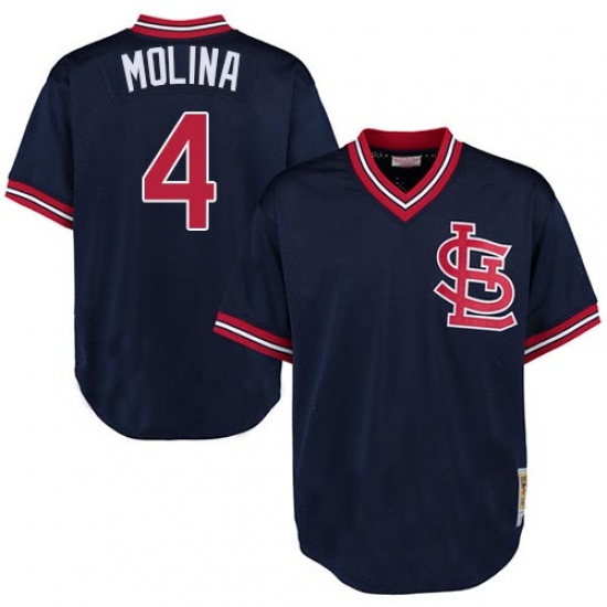 Men's Mitchell and Ness St. Louis Cardinals #4 Yadier Molina Authentic Navy Blue Throwback MLB Jersey - Ujersey