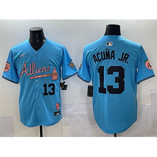Men's Atlanta Braves #13 Ronald Acuna Jr. Blue 2024 Atliens & Peach With Outkast Vapor Limited Stitched Baseball Jersey - Ujersey