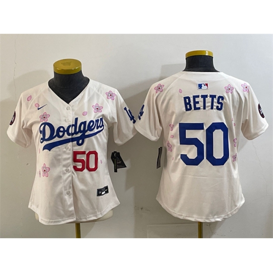 Women's Los Angeles Dodgers #50 Mookie Betts Cream 2025 Tokyo Series Limited Stitched Baseball Jersey(Run Small)