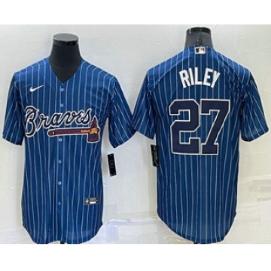 Men's Atlanta Braves #27 Austin Riley Navy Blue Pinstripe Stitched MLB Cool Base Nike Jersey - Ujersey