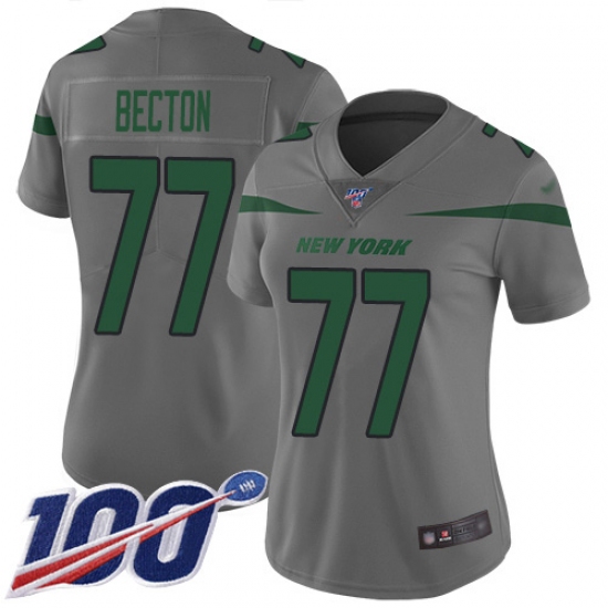 Women's New York Jets #77 Mekhi Becton Gray Stitched Limited Inverted Legend 100th Season Jersey - Ujersey