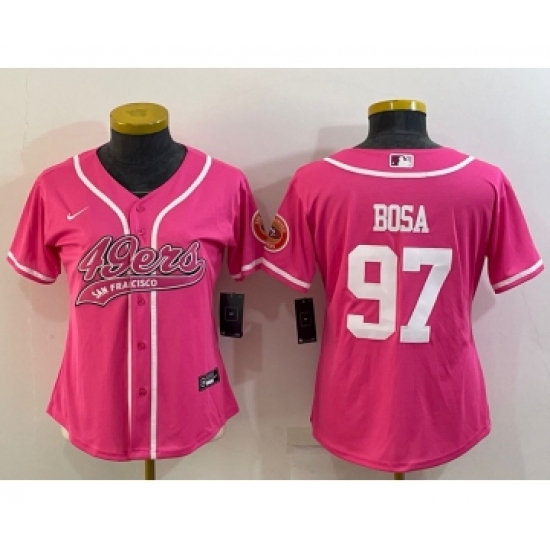 Women's San Francisco 49ers #97 Nick Bosa Pink With Patch Cool Base Stitched Baseball Jersey - Ujersey