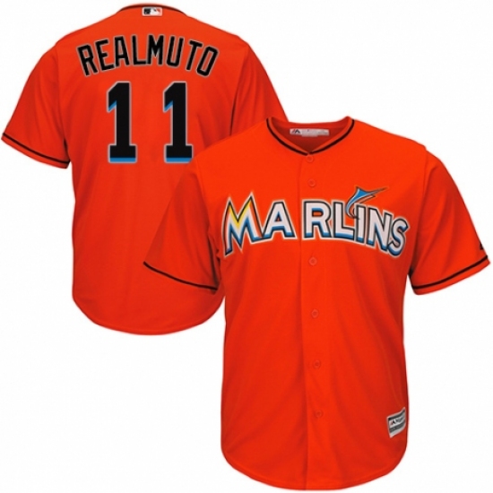 Youth Majestic Miami Marlins #11 J. T. Realmuto Authentic Orange Alternate 1 Cool Base MLB Jersey - Ujersey