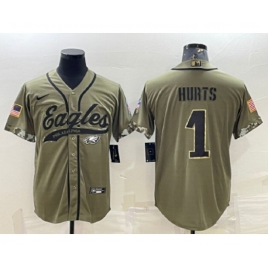 Men's Philadelphia Eagles #1 Jalen Hurts Olive 2022 Salute To Service Cool Base Stitched Baseball Jersey - Ujersey