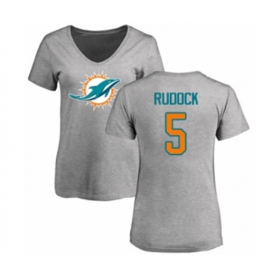 Football Women's Miami Dolphins #5 Jake Rudock Ash Name & Number Logo T-Shirt - Ujersey