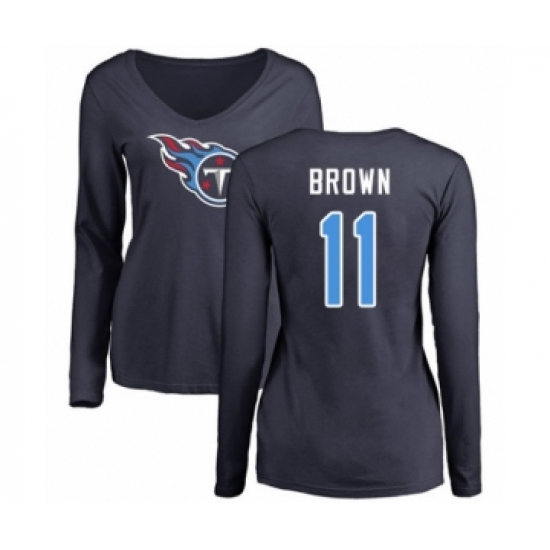 Football Women's Tennessee Titans #11 A.J. Brown Navy Blue Name & Number Logo Long Sleeve T-Shirt - Ujersey