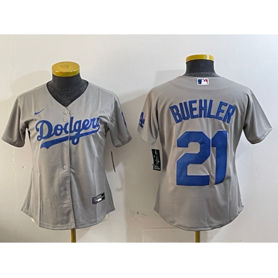 Women's Los Angeles Dodgers #21 Walker Buehler Grey Stitched Cool Base Nike Jersey - Ujersey