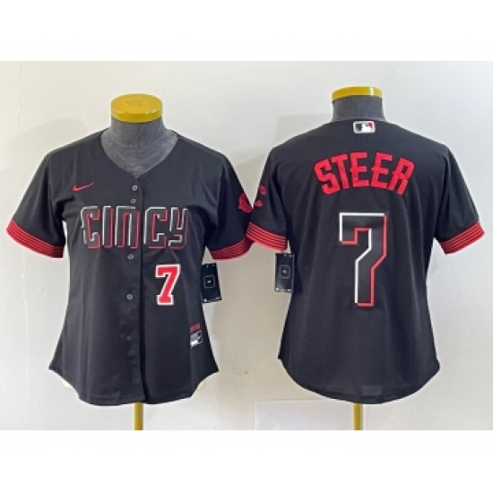 Women's Nike Cincinnati Reds #7 Spencer Steer Numer Black 2023 City Connect Cool Base Stitched Baseball Jersey1 - Ujersey