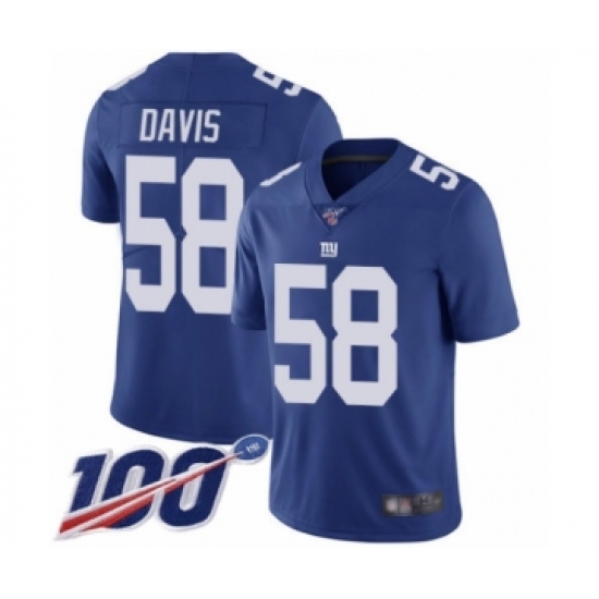 Men's New York Giants #58 Tae Davis Royal Blue Team Color Vapor Untouchable Limited Player 100th Season Football Jersey - Ujersey