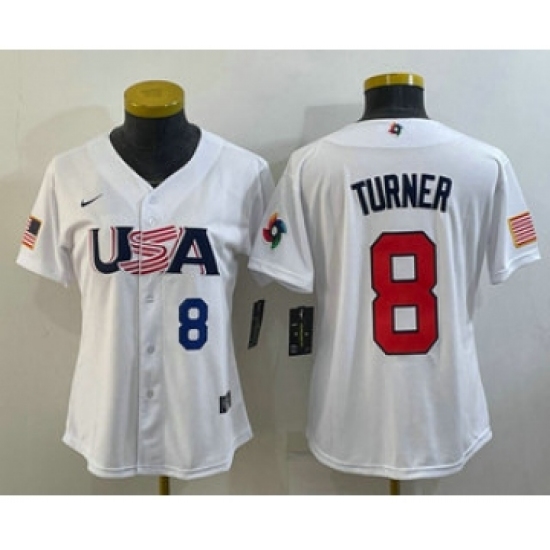 Women's USA Baseball #8 Trea Turner Number 2023 White World Classic Stitched Jersey