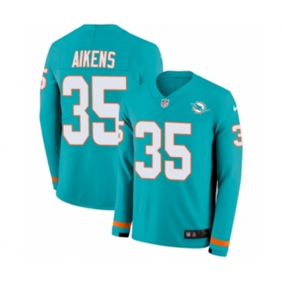 Youth Nike Miami Dolphins #35 Walt Aikens Limited Aqua Therma Long Sleeve NFL Jersey - Ujersey