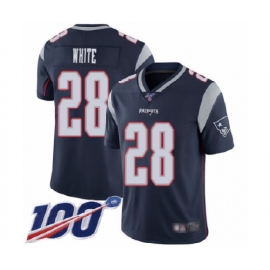 Men's New England Patriots #28 James White Navy Blue Team Color Vapor Untouchable Limited Player 100th Season Football Jersey - Ujersey