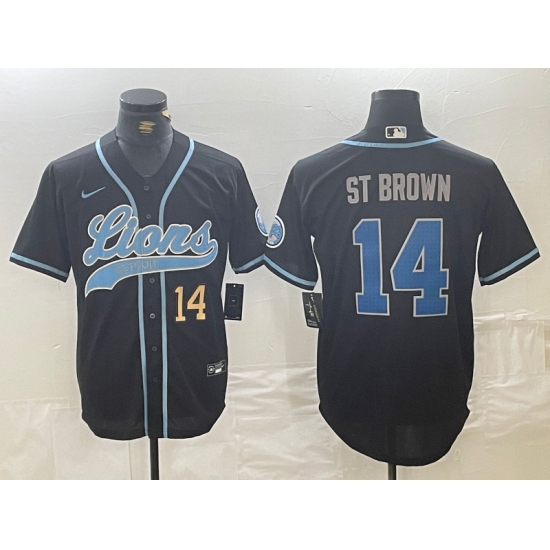 Men's Detroit Lions #14 Amon-Ra St. Brown Number Black Cool Base Stitched Baseball Jersey - Ujersey
