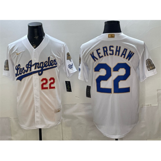 Men's Los Angeles Dodgers #22 Clayton Kershaw White 2026 Gold Collection 9x & B2B Champs Stitched Baseball Jersey