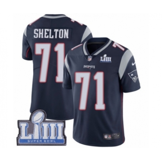 Men's Nike New England Patriots #71 Danny Shelton Navy Blue Team Color Vapor Untouchable Limited Player Super Bowl LIII Bound NFL Jersey - Ujersey