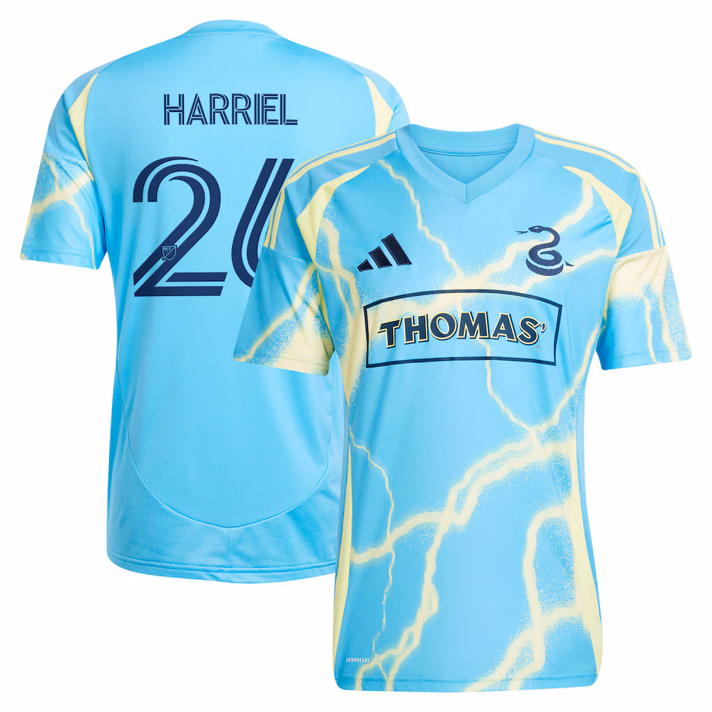 Men's Philadelphia Union Nathan Harriel adidas Blue 2025 The Voltage Kit Replica Jersey - Ujersey NHL