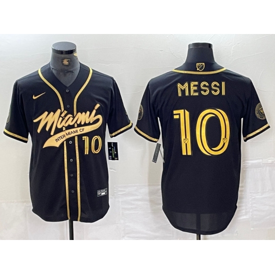 Men's Inter Miami CF #10 Lionel Messi Black Gold Cool Base Stitched Baseball Jersey - Ujersey