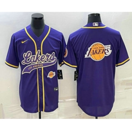 Men's Los Angeles Lakers Purple Team Big Logo With Cool Base Stitched Baseball Jersey - Ujersey