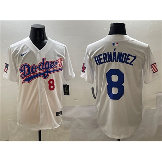 Men's Los Angeles Dodgers #8 Enrique Hernández White With American Flag Limited Stitched Baseball Jersey - Ujersey