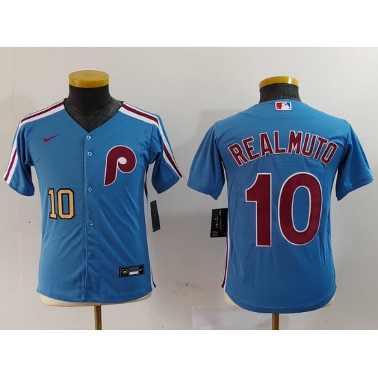 Youth Philadelphia Phillies #10 JT Realmuto Light Blue Cooperstown Cool Base Jerseys - Ujersey